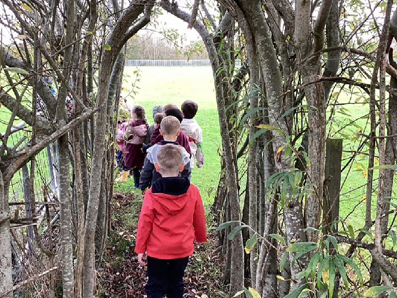 Children walking through willow-branch archway.